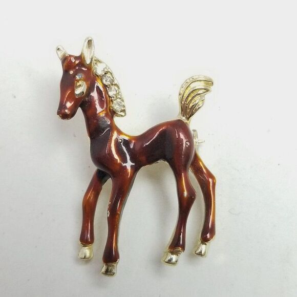 Vintage Tiny Horse Brooch, Brown Enamel Lapel Pin, Retro Estate - Picture 1 of 6